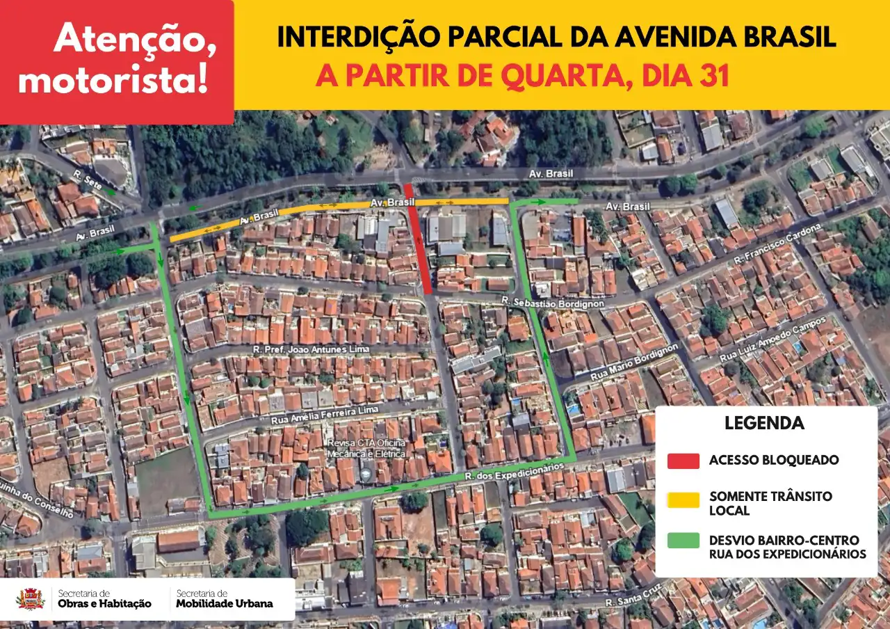 Trecho da Avenida Brasil estará interditado nesta quarta-feira